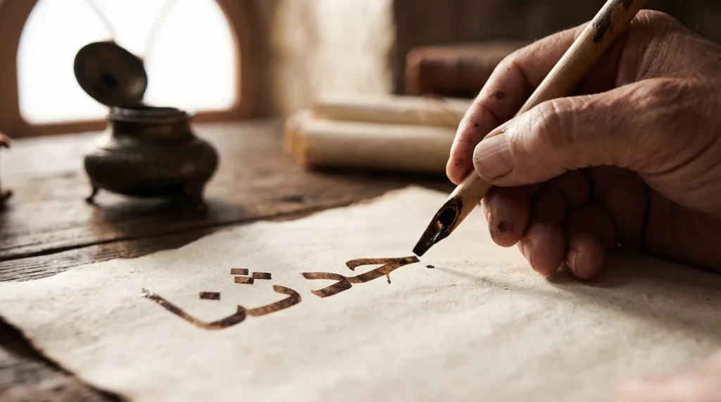 يد محدث تخط كلمة حدثنا على رقعة جلد قديمة دلالة على منظومة الإسناد وتدوين الحديث